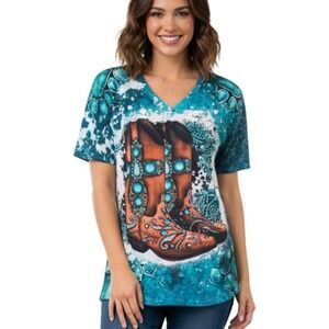 Womens Turquoise Cowboy Boots Graphic V Neck T Shirt Short Sleeve Top Medium NWT